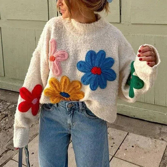 Rosa Clothing - Sweet Colorful Floral Decorative Jumper